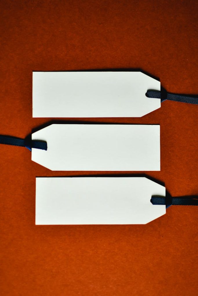 Three white tags with blue ribbons on an orange background, perfect for branding or mockup use.